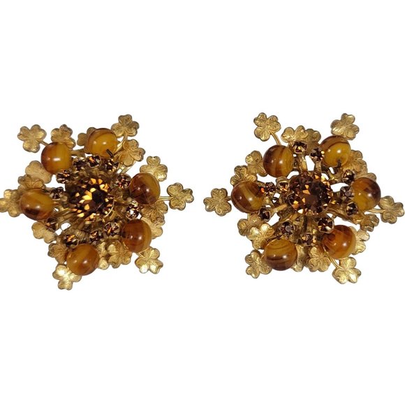 Miriam Haskell Gold Tone Clover Topaz Rhinestone Glass Bead Clip On Earring, E73